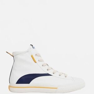 Oncept White High-Top Sneaker with Navy Side Stripe and Yellow Accents